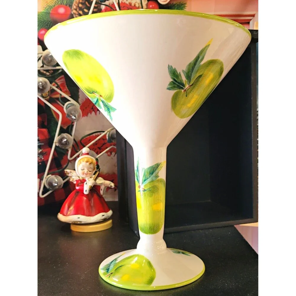 Unique Baum Bros Style-Eyes Hand Painted Large Martini Glass Apple Motif